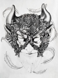 A black and white ink drawing of an ornate venetian mask.